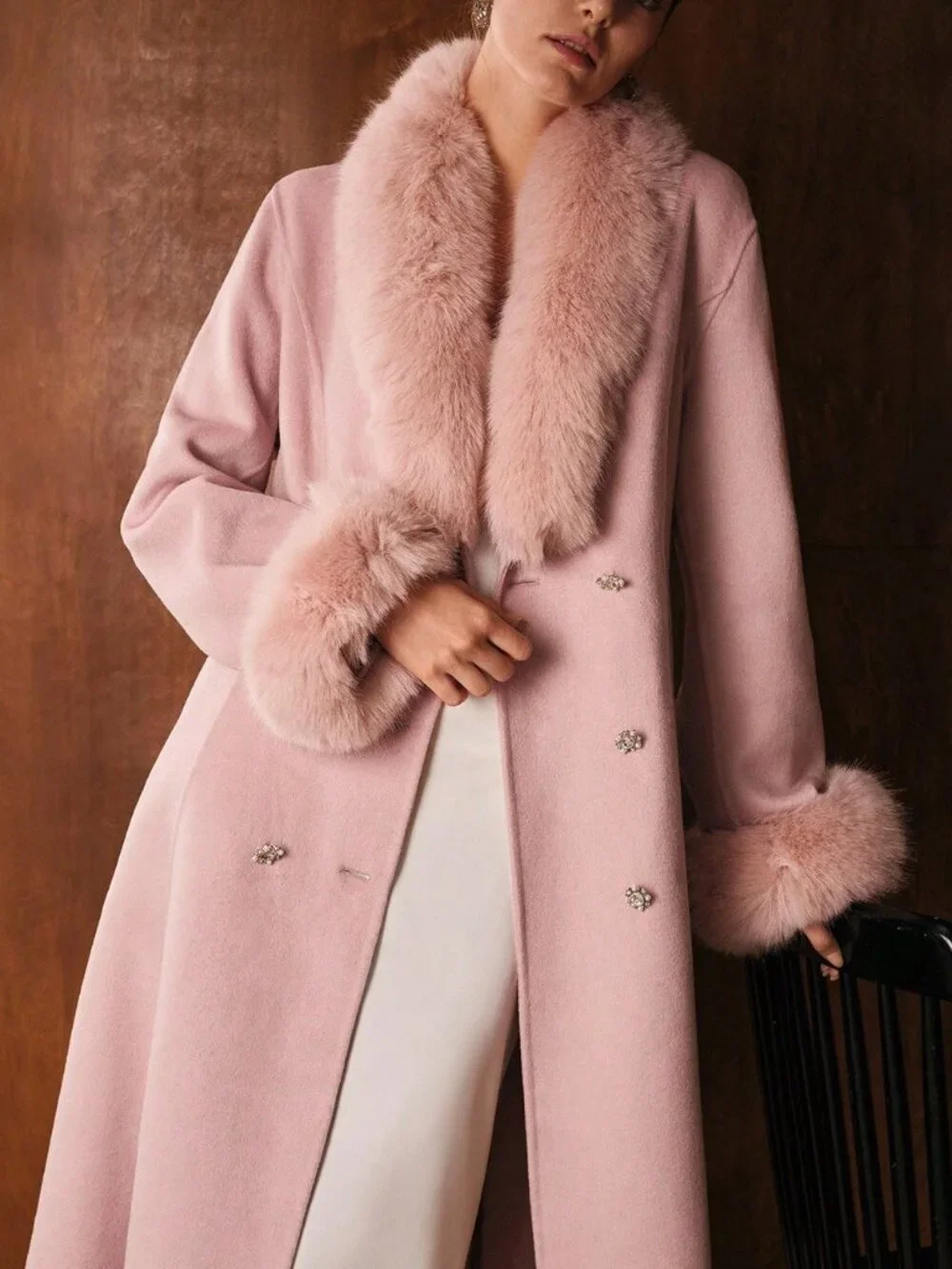 Baby Pink Elegant Women's Collar Cinched Waist Fitted Mid-Length Belted Overcoat